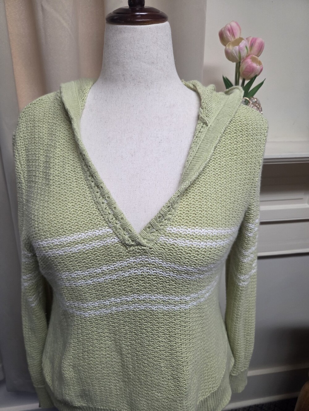 Christopher & Banks Light Green V-Neck Hooded Sweaterw/White Stripes Size Large